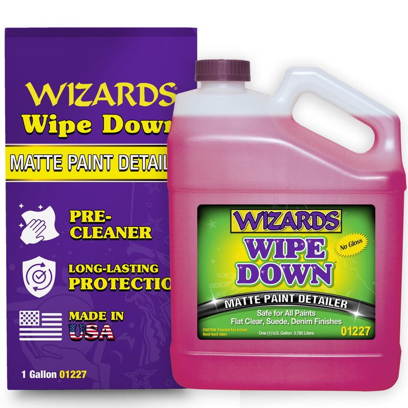 ويزاردز Wizards Wipe Down Spray - غلاف طلاء بخاخ غير لامع للسيارات - لوازم تفصيلية تلقائية للتشطيبات المسطحة والجلد المدبوغ والدنيم - يزيل الغبار والبقايا الزيتية - آمن لجميع الدهانات - 1 جالون - Image 1
